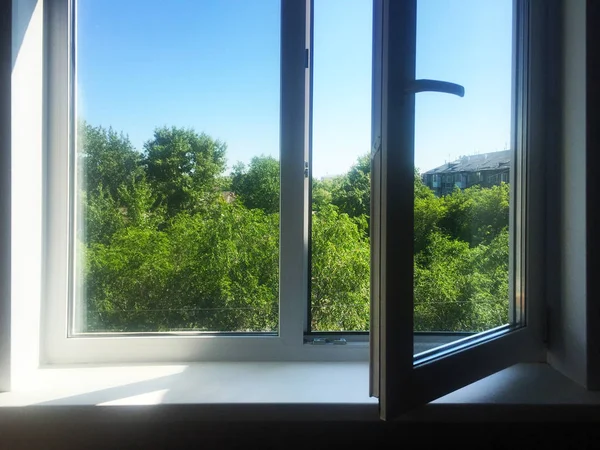 Open window. White PVC plastic. Blue sky and green trees outside the window.