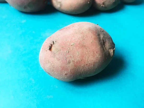 Knollen Großer Neuer Kartoffeln Auf Schlichtem Blauem Hintergrund Nahaufnahme — Stockfoto