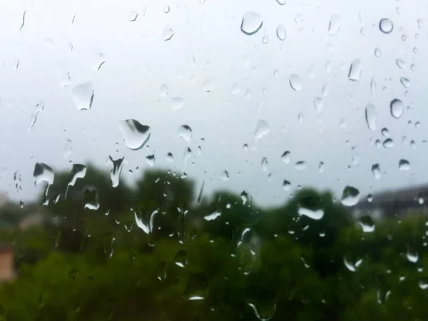 Csepp Esőben Üvegen Felhők Zöld Fák Ablakon Kívül — Stock Fotó