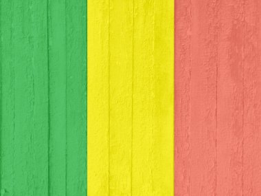 Mali Cumhuriyeti'nin ulusal bayrağı, eski çizik tahtalara boyanmış. Suluboya etkisi. Arka plan olarak kullanılabilir.