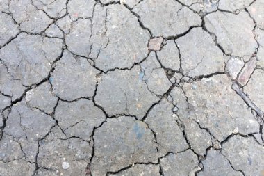 Isı ve su eksikliği nden kuru çatlak toprak. Derin çatlaklar. Yakın çekim, üst görünüm.