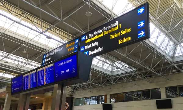 Bright electronic display at the airport or train station with navigation and a list of flights. Close-up.
