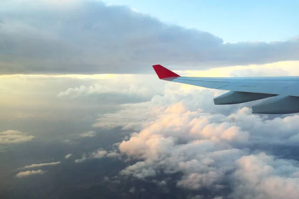 Aircraft wing from the window of an illuminator. Flying high above the clouds. Close-up.