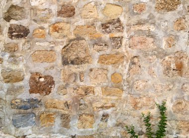 Yeşil bitkiler ile farklı boyutlarda ve şekillerde doğal cilalı taş duvarın bir parçası. Yakın çekim, güzel arka plan ve ilginç doku.