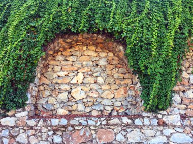 Taş duvardaki sarmaşık. Duvar farklı boyutlarda ve kemerler ile şekillerde doğal taştan yapılmış bir parçası, yeşil bitkiler ile dolaşık. Eski taş bina boyunca yol. Yakın çekim, güzel arka plan