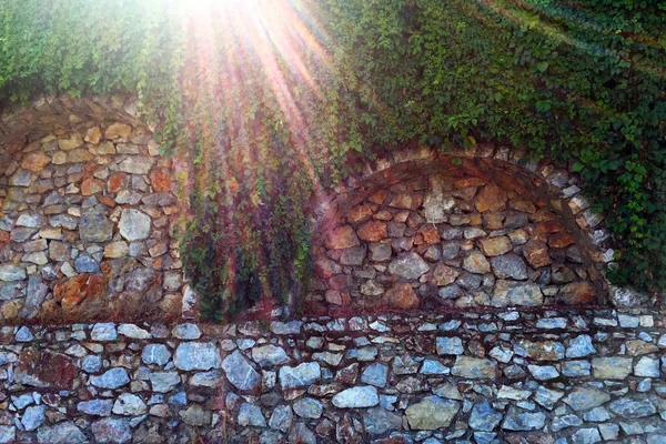 Efeu Einer Steinmauer Teil Der Mauer Aus Naturstein Verschiedenen Größen — Stockfoto