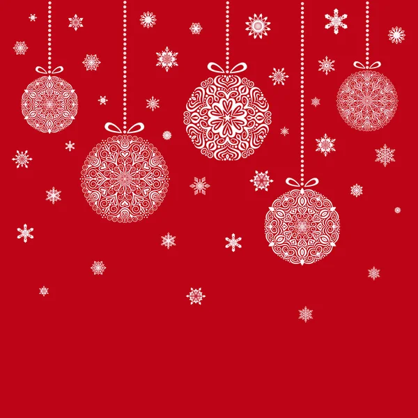 Crăciun bile agățat pe fulgi de zăpadă fundal roșu — Vector de stoc