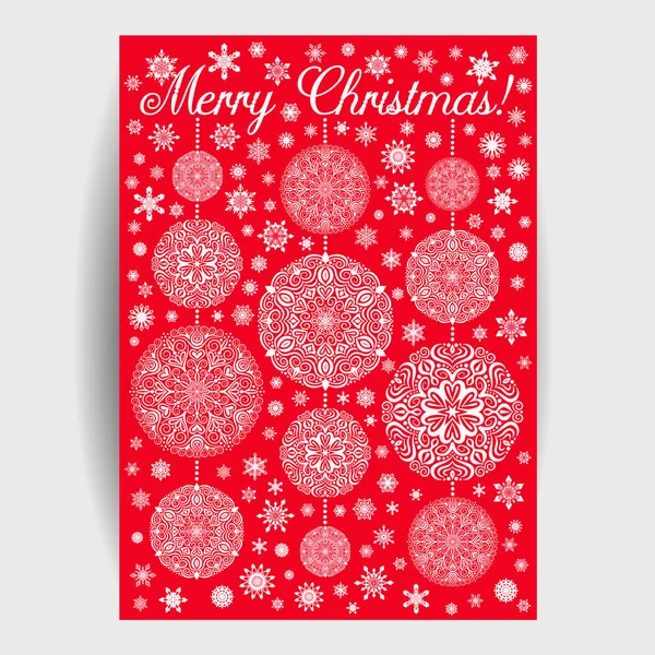 Tarjeta de Navidad con copos de nieve Mandala sobre fondo rojo — Vector de stock