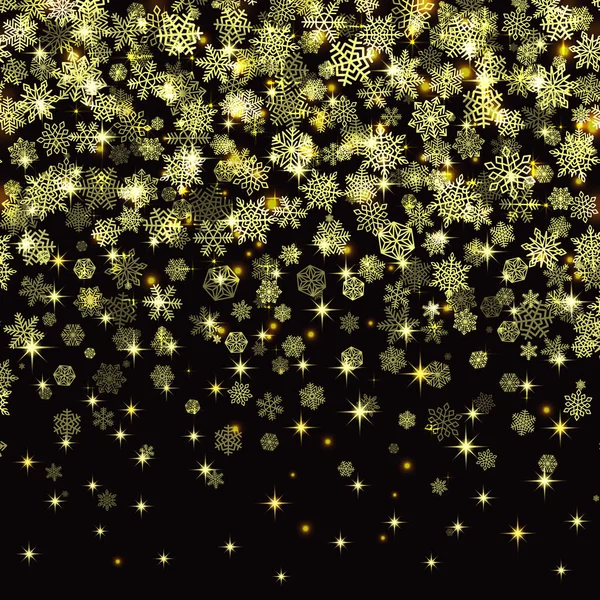 Vektor Schneeflocken fallen auf schwarzem Hintergrund. goldener Schnee — Stockvektor