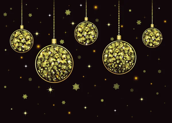 검은 배경에 구슬 이달려 있는 황금색 공 모양의 크리스마스 구슬 — 스톡 벡터