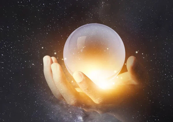 Businessman Hand Holding Crystal Clear Ball Galaxy Universe Space Background — Stock Photo, Image