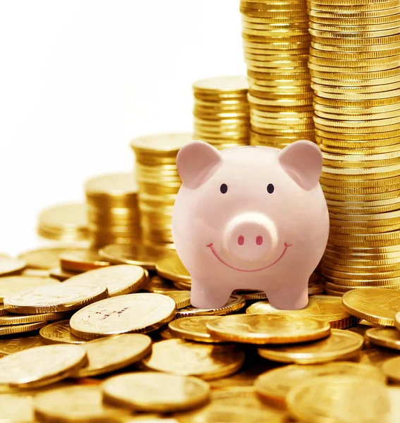 Roze Piggy Keramische Bank Met Vele Gouden Munten Geld Besparen — Stockfoto