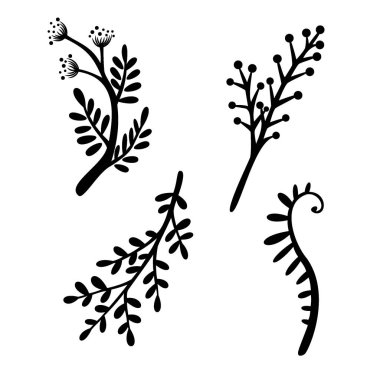 Şube seti çiçek vektör illüstrasyon. Beyaz arka planda siyah çizgiler. Basit simgeler.