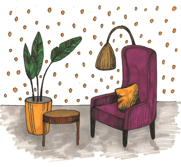 Hand drawn home interior sketch with armchairs, flower in a pot and lamp. Colored illustration