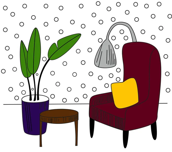 Hand drawn home interior sketch with armchairs, flower in a pot and lamp. Colored illustration