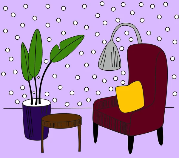 Ручной рисунок интерьера с креслами, цветами в горшке и лампой. Цветная иллюстрация — стоковое фото