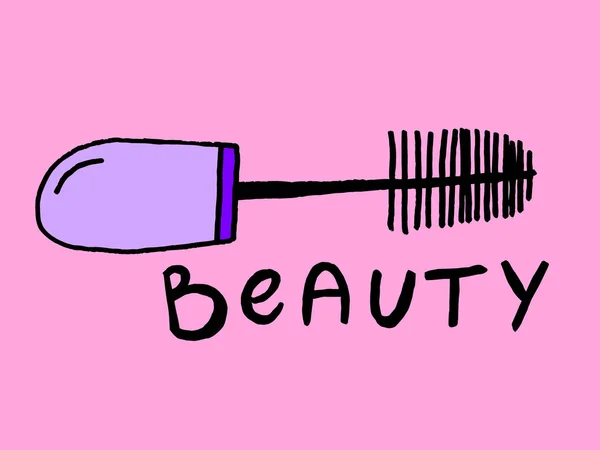 Szépség Glamour kozmetikumok alkotják. Rúzs, szempillaspirál, szempillák. Kézírásos betűk. A környezetszennyezés problémájának fogalma. A kép a műanyag tárgyak. — Stock Fotó