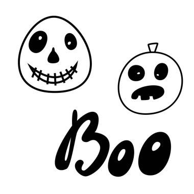 Cadılar Bayramı simgeleri: ince tek renkli simge seti, siyah ve beyaz kiti. Ürpertici ve komik Jack yüz, yarasa, yazı.