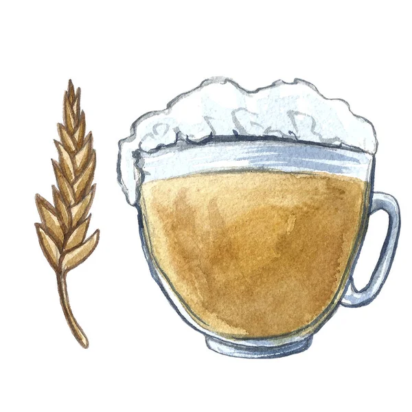 Ręcznie rysowane akwarela zestaw Oktoberfest, kubki i szklanki piwa, roślin chmielowych, przekąski, kiełbasy i precle, ręcznie rysowane ilustracji — Zdjęcie stockowe