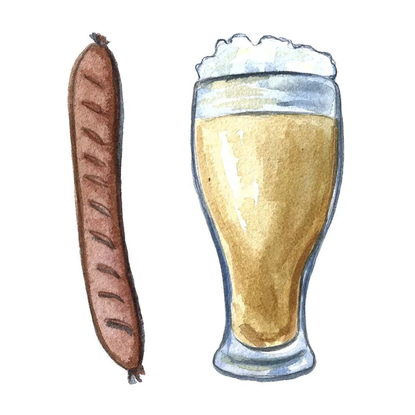 手绘水彩啤酒节套装，杯子和啤酒杯，啤酒花植物，小吃，香肠和薄饼，手绘插图 — 图库照片