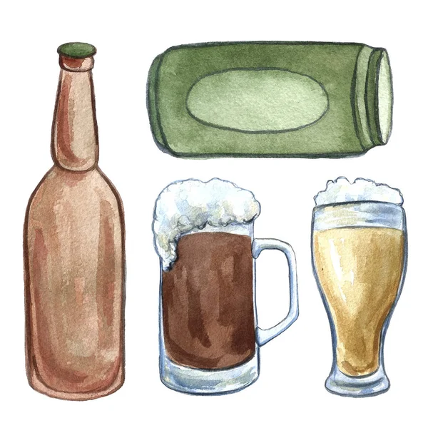 Набор акварелей, кружки и бокалы пива, хмелеводство, закуски, колбаски и крендельки, иллюстрация от руки — стоковое фото