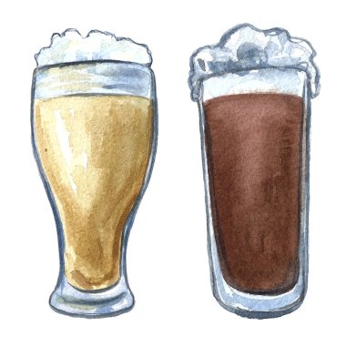 el çizilmiş suluboya oktoberfest seti, kupalar ve bira bardak, hop bitki, aperatifler, sosis ve kraker, el çizilmiş illüstrasyon