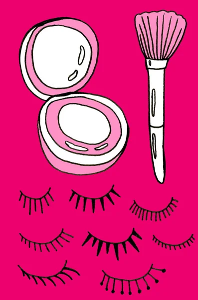 Cosmétiques de beauté glamour maquillage. Rouge à lèvres, mascara, cils. Lettrage manuscrit. Le concept du problème de la pollution. L'image des objets en plastique . — Photo