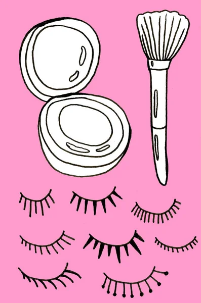 Cosmétiques de beauté glamour maquillage. Rouge à lèvres, mascara, cils. Lettrage manuscrit. Le concept du problème de la pollution. L'image des objets en plastique . — Photo