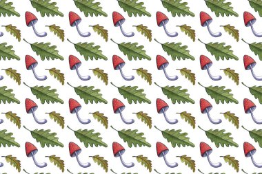 Kırmızı mantar amanita ile Botanik dikişsiz desen. Doğal unsurlar el suluboya ile boyanmış. Çiçek orman sonbahar sonbahar arka plan