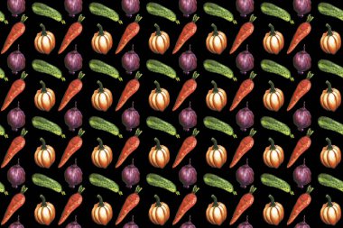 El çizilmiş Suluboya sebze dikişsiz desen arka plan. Havuç, salatalık, domates, soğan, balkabağı, chilie, dolmalık biber. Sonbahar, sonbahar, hasat