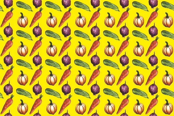 手描き水彩野菜シームレスパターン背景。にんじん、きゅうり、トマト、玉ねぎ、カボチャ、チリ、ピーマン秋, 秋, 収穫 — ストック写真