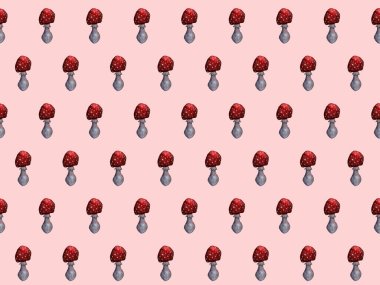 Amanita. Kırmızı mantar ile Botanik dikişsiz desen. Doğal unsurlar el renkli kalemler ile boyanmış. Çiçek suluboya arka plan