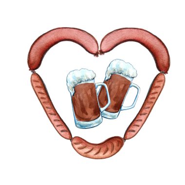 Sosis, bardak ve bira kupaları ile çerçeve. Suluboya el çizilmiş illüstrasyon. Arka plan.