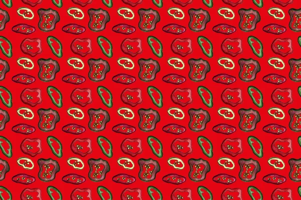 Red hot chili peppers seamless pattern on colored background, hand drawn watercolor. Autumn, harvest, vegetarian, vegetables. — Stock Photo, Image