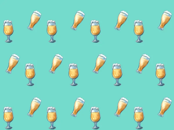 Iconos de cerveza patrón sin costura rama de lúpulo, barril de madera, vaso de cerveza, lata de cerveza, tapa de la botella, taza de cerveza, cebada. Fondo del Oktoberfest . —  Fotos de Stock