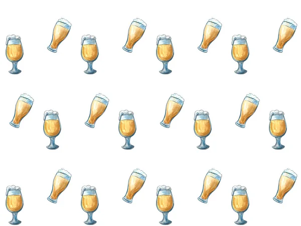 Sör ikonok zökkenőmentes minta-hop ág, fahordó, pohár sör, sör, palack sapka, Söröskorsó, árpa. Az Oktoberfest háttere. — Stock Fotó