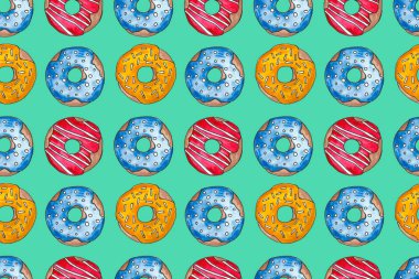 Beyaz bir arka plan üzerinde sır el çizilmiş suluboya renkli donutlar. Dikişsiz desen, çizim seti, çerçeve. Tatlı yemek