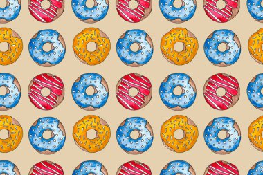 Beyaz bir arka plan üzerinde sır el çizilmiş suluboya renkli donutlar. Dikişsiz desen, çizim seti, çerçeve. Tatlı yemek