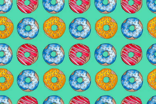 Beyaz bir arka plan üzerinde sır el çizilmiş suluboya renkli donutlar. Dikişsiz desen, çizim seti, çerçeve. Tatlı yemek