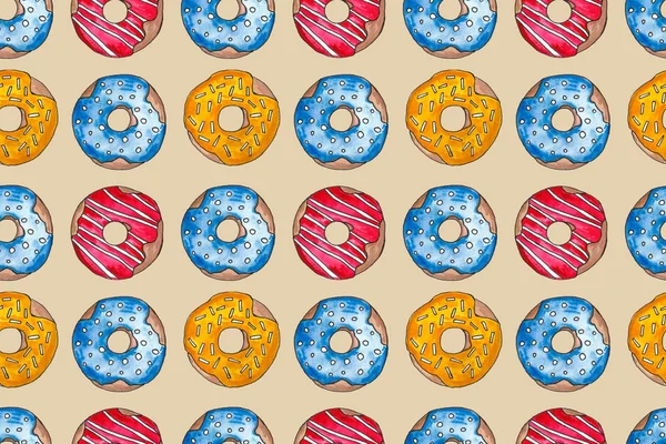 Beyaz bir arka plan üzerinde sır el çizilmiş suluboya renkli donutlar. Dikişsiz desen, çizim seti, çerçeve. Tatlı yemek — Stok fotoğraf