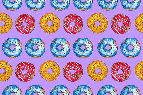 Beyaz bir arka plan üzerinde sır el çizilmiş suluboya renkli donutlar. Dikişsiz desen, çizim seti, çerçeve. Tatlı yemek — Stok fotoğraf
