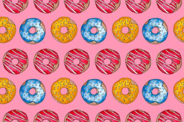 Beyaz bir arka plan üzerinde sır el çizilmiş suluboya renkli donutlar. Dikişsiz desen, çizim seti, çerçeve. Tatlı yemek