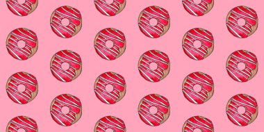 Beyaz bir arka plan üzerinde sır el çizilmiş suluboya renkli donutlar. Dikişsiz desen, çizim seti, çerçeve. Tatlı yemek