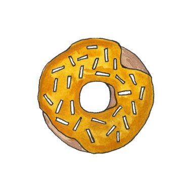 Beyaz bir arka plan üzerinde sır el çizilmiş suluboya renkli donutlar. Dikişsiz desen, çizim seti, çerçeve. Tatlı yemek