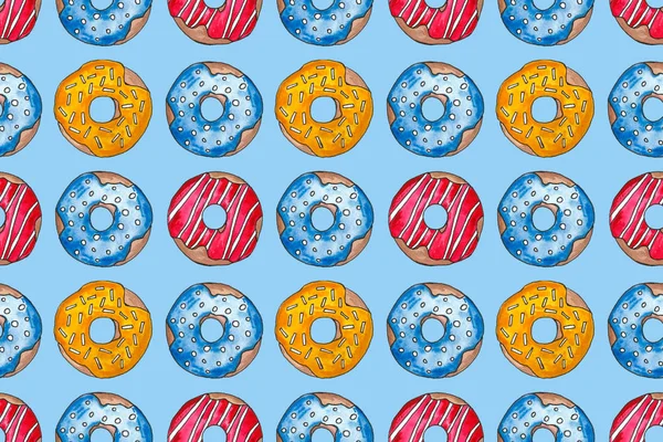 Donuts coloridos aquarela desenhada à mão no esmalte em um fundo branco. Padrão sem emenda, conjunto de esboços, moldura. Comida doce — Fotografia de Stock