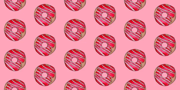 Hand drawn watercolor colored donuts in the glaze on a white background. Seamless pattern, sketch set, frame. Sweet food — Stock Photo, Image