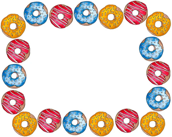 Donuts coloridos aquarela desenhada à mão no esmalte em um fundo branco. Padrão sem emenda, conjunto de esboços, moldura. Comida doce — Fotografia de Stock