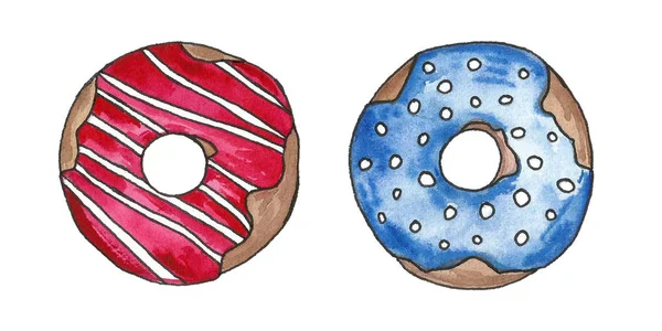 Aquarelle dessinée à la main beignets colorés dans la glaçure sur un fond blanc. Modèle sans couture, ensemble de croquis, cadre. Aliments sucrés — Photo