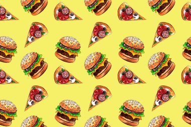 suluboya, sanatsal boyama arka plan, el çizilmiş illüstrasyon tarafından abur cubur çizim ile dikişsiz desen. pizza ve burger seti