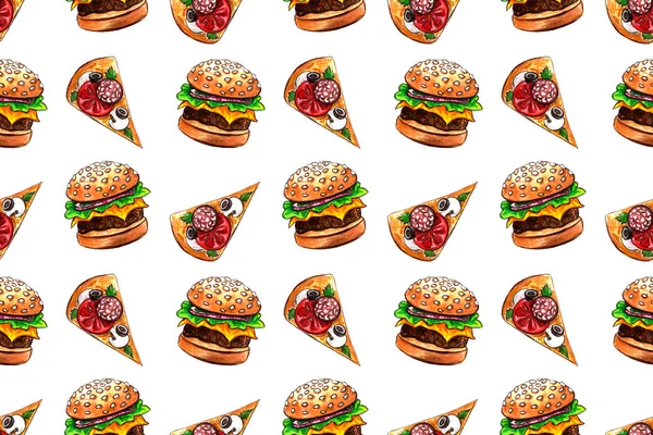 Motif sans couture avec dessin junk fast food par aquarelle, fond de peinture artistique, illustration dessinée à la main. ensemble pizza et hamburger — Photo